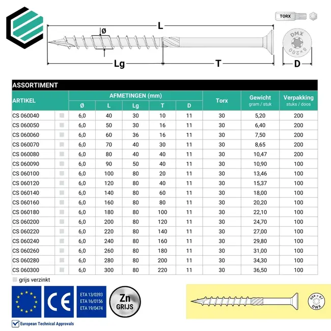 Spaanplaatschroef 6 x 220 mm grijs verzinkt Torx 30 (100 stuks)