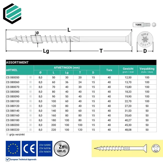 Spaanplaatschroef 8 x 70 mm grijs verzinkt Torx 30 (100 stuks)
