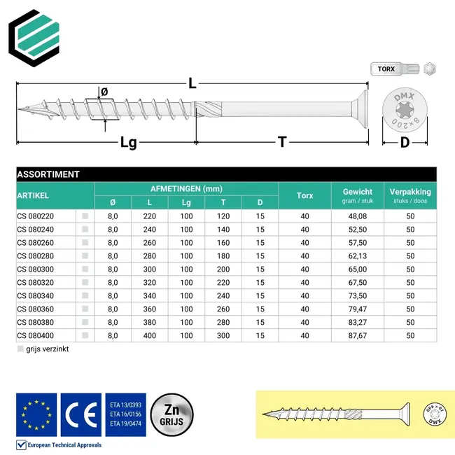 Spaanplaatschroef 8 x 140 mm grijs verzinkt Torx 40 (50 stuks)