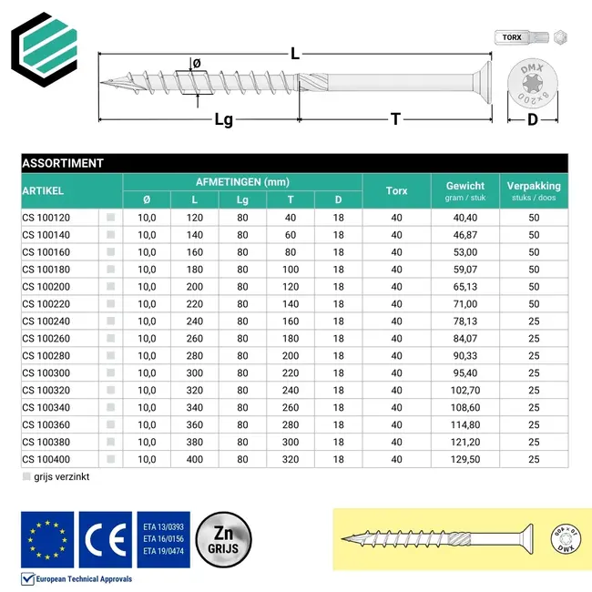 Spaanplaatschroef 10 x 400 mm grijs verzinkt Torx 40 (50 stuks)