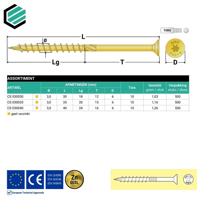 Spaanplaatschroef 3 x 35 mm geel verzinkt Torx 10 (500 stuks)