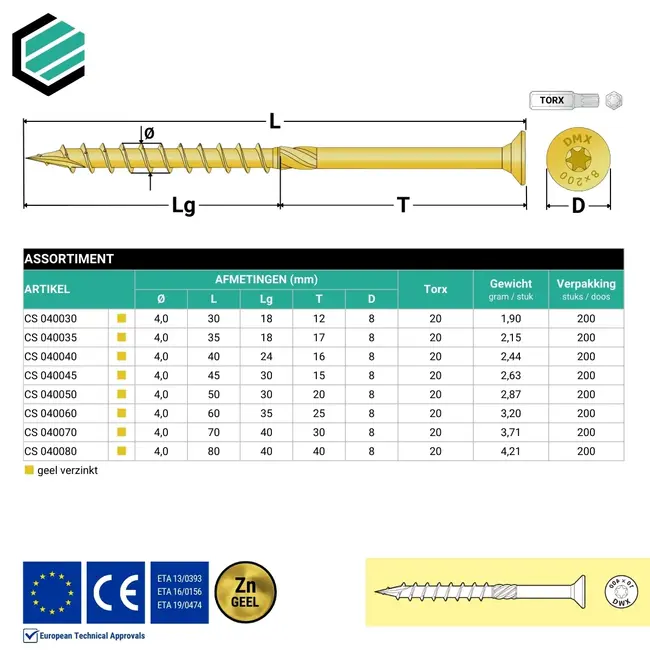 Spaanplaatschroef 4 x 80 mm geel verzinkt Torx 20 (100 stuks)