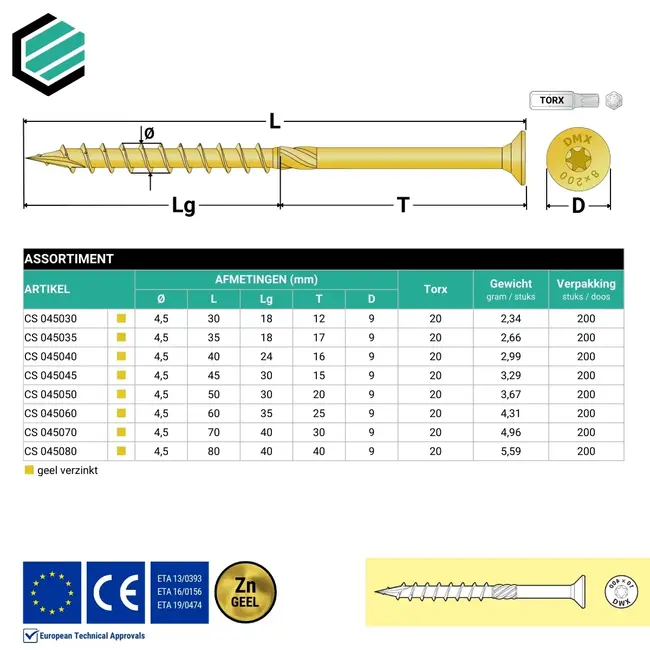 Spaanplaatschroef 4.5 x 45 mm geel verzinkt Torx 20 (200 stuks)