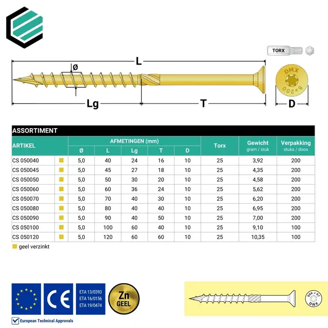 Spaanplaatschroef 5 x 70 mm geel verzinkt Torx 25 (200 stuks)