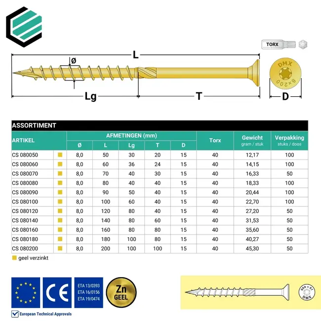 Spaanplaatschroef 8 x 60 mm geel verzinkt Torx 40 (100 stuks)