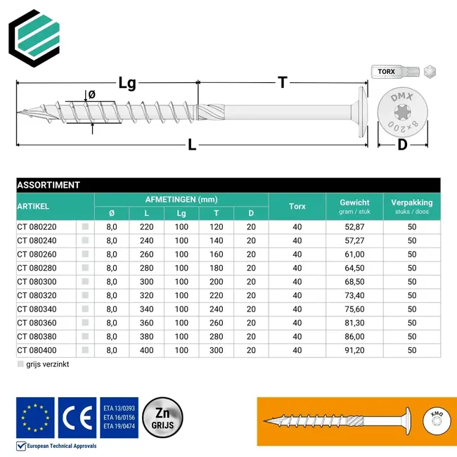 Tellerkopschroef 8 x 100 mm grijs verzinkt Torx 40 (50 stuks)