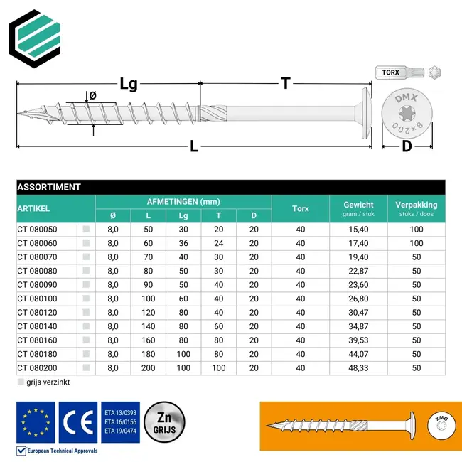 Tellerkopschroef 8 x 260 mm grijs TX40 (50 stuks)