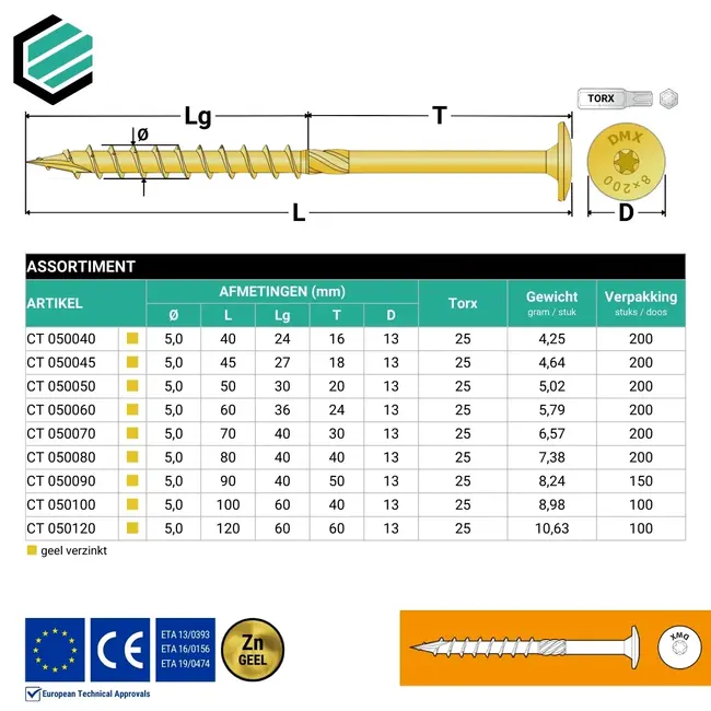 Tellerkopschroef 5 x 100 mm geel verzinkt Torx 25 (100 stuks)
