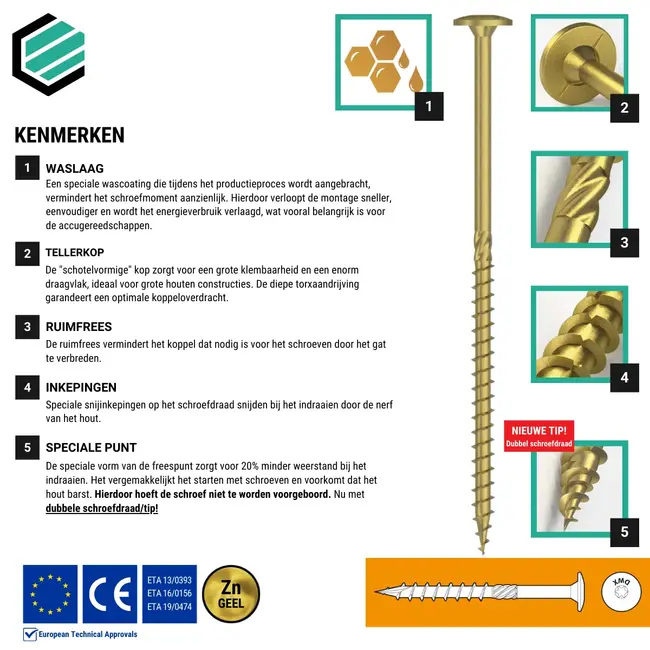 Tellerkopschroef 6 x 40 mm geel verzinkt Torx 30 (100 stuks)