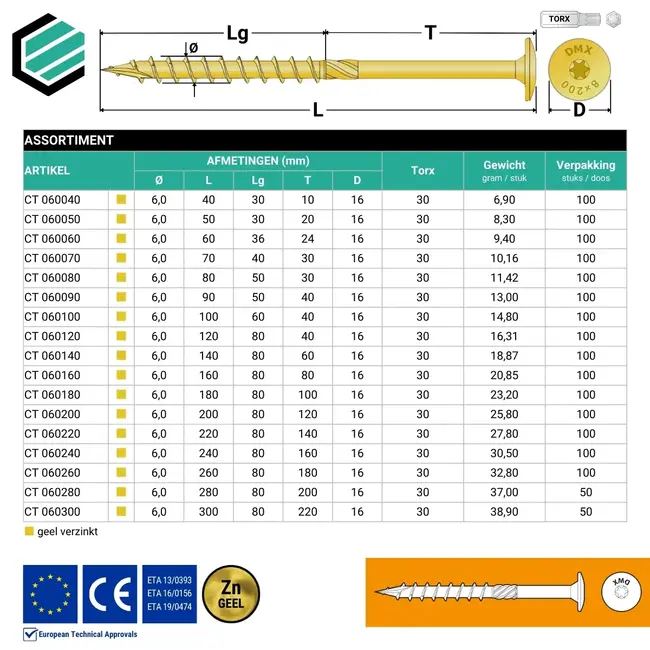 Tellerkopschroef 6 x 60 mm geel verzinkt Torx 30 (100 stuks)