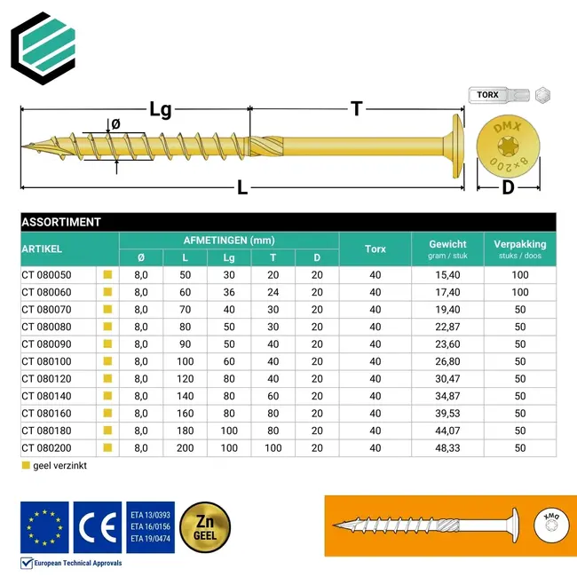 Tellerkopschroef 8 x 200 mm geel verzinkt Torx 40 (50 stuks)