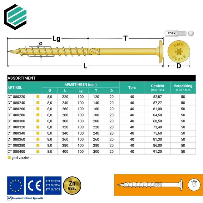 Tellerkopschroef 8 x 90 mm geel verzinkt Torx 40 (50 stuks)