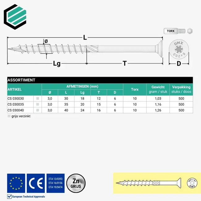 Spaanplaatschroef 3 x 30 mm grijs TX10 (500 stuks)