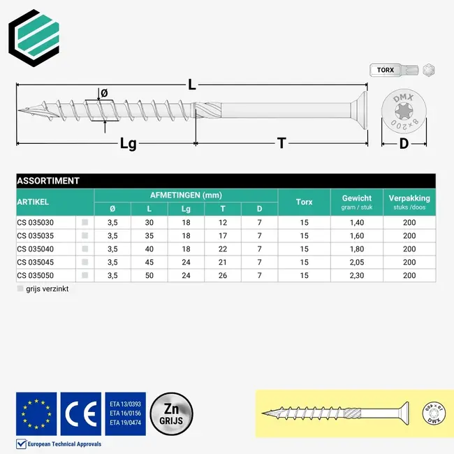 Spaanplaatschroef 3,5 x 40 mm grijs TX15 (200 stuks)