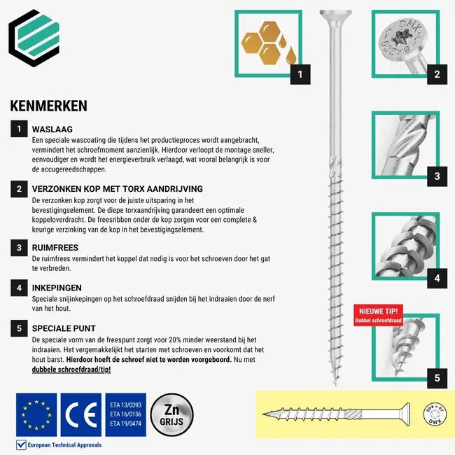 Spaanplaatschroef 8 x 180 mm grijs TX40 (50 stuks)