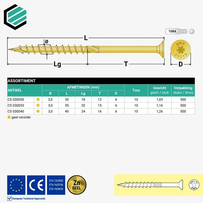 Spaanplaatschroef 3 x 40 mm geel TX10 (500 stuks)