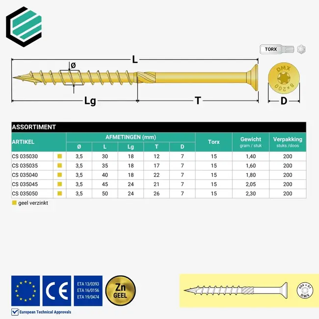 Spaanplaatschroef 3,5 x 45 mm geel TX15 (200 stuks)