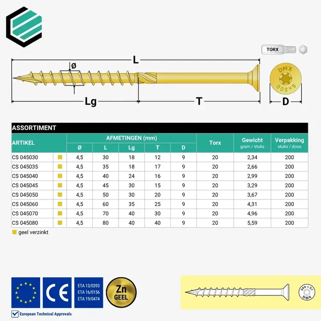 Spaanplaatschroef 4,5 x 35 mm geel TX20 (200 stuks)