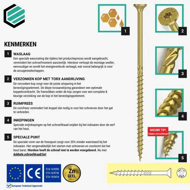 Spaanplaatschroef 4,5 x 60 mm geel TX20 (200 stuks)