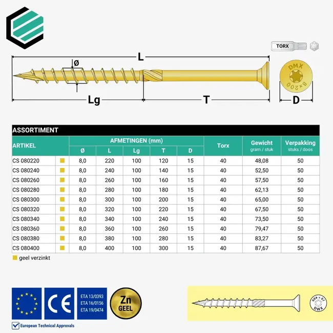 Spaanplaatschroef 8 x 220 mm geel TX30 (50 stuks)