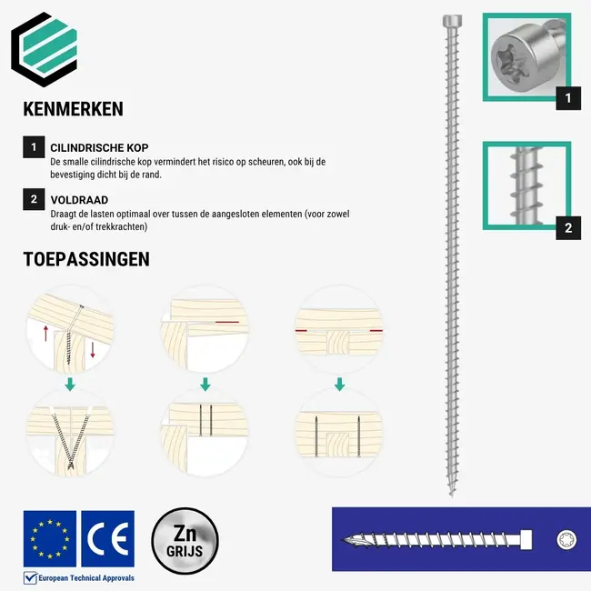 Voldraadschroef 6 x 160 mm grijs TX30 (100 stuks)