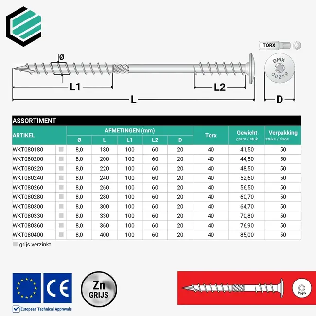 Isolatieschroef 8 x 330 mm grijs TX40 (50 stuks)