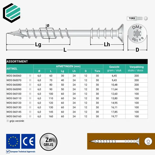 Afstandschroef 6 x 70 mm grijs TX40 (200 stuks)
