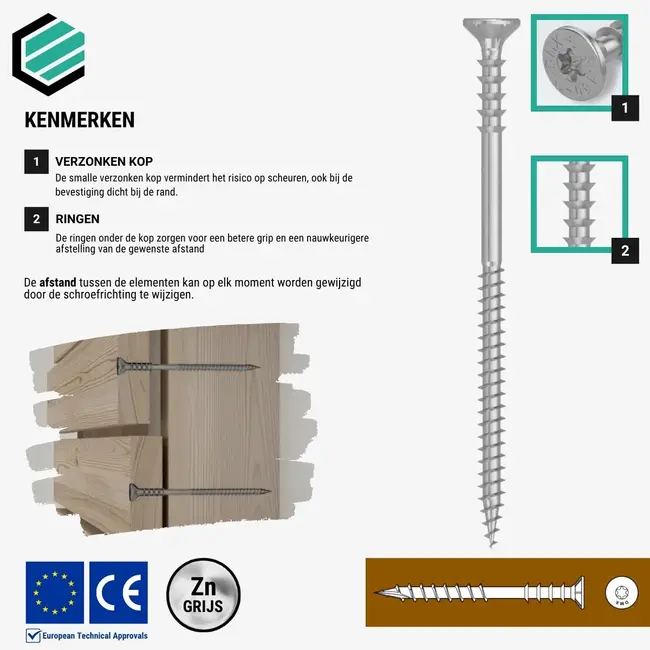 Afstandschroef 6 x 90 mm grijs TX40 (100 stuks)