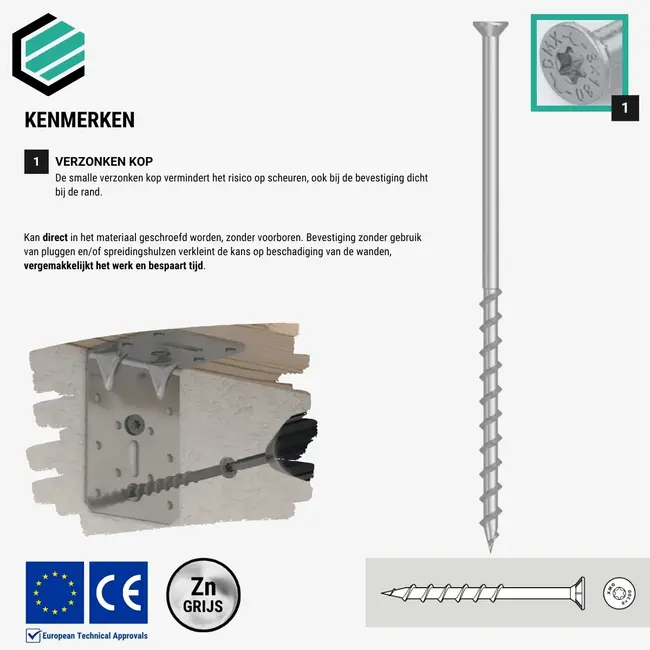 Cellenbetonschroef 8 x 120 mm grijs TX30 (50 stuks)