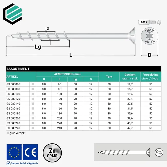 Cellenbetonschroef 8 x 140 mm grijs TX30 (50 stuks)