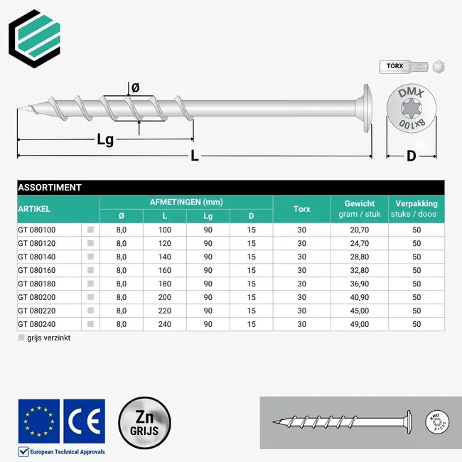 Cellenbetonschroef 8 x 160 mm grijs TX30 (50 stuks)