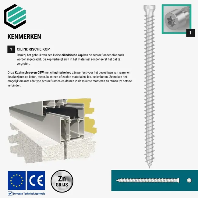 Kozijnschroef 7,5 x 92 mm grijs TX30 (100 stuks)