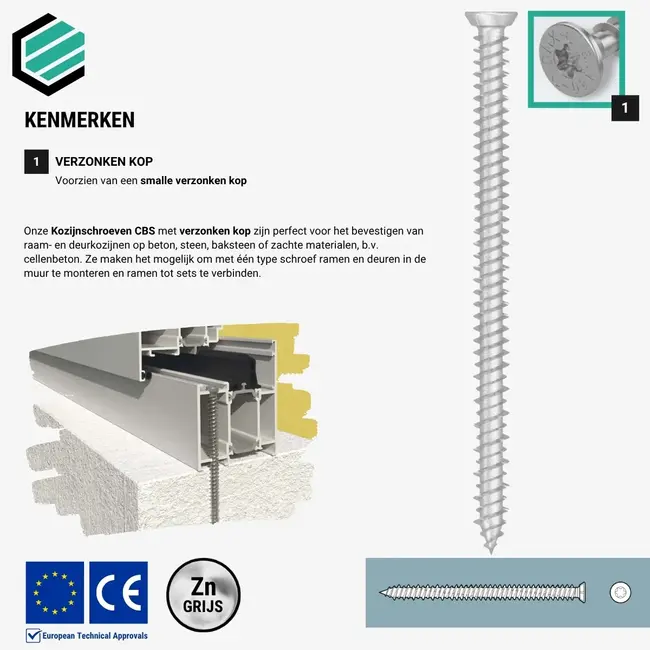 Kozijnschroef 7,5 x 52 mm grijs TX30 (200 stuks)