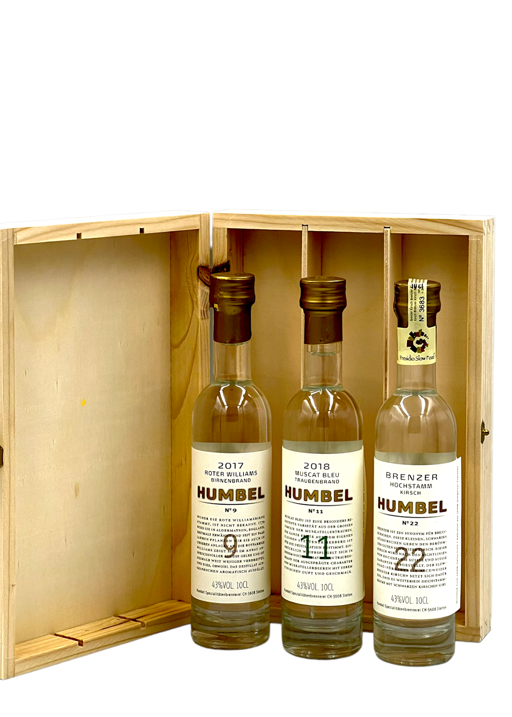 Humbel Distillery Humbel Schnaps Box ( Brenzer Hochstamm Kirsch, Moscat Bleu Traubenbrand 2018, Roter Williams Birnenbrand 2017), 40%Vol.3x10cl