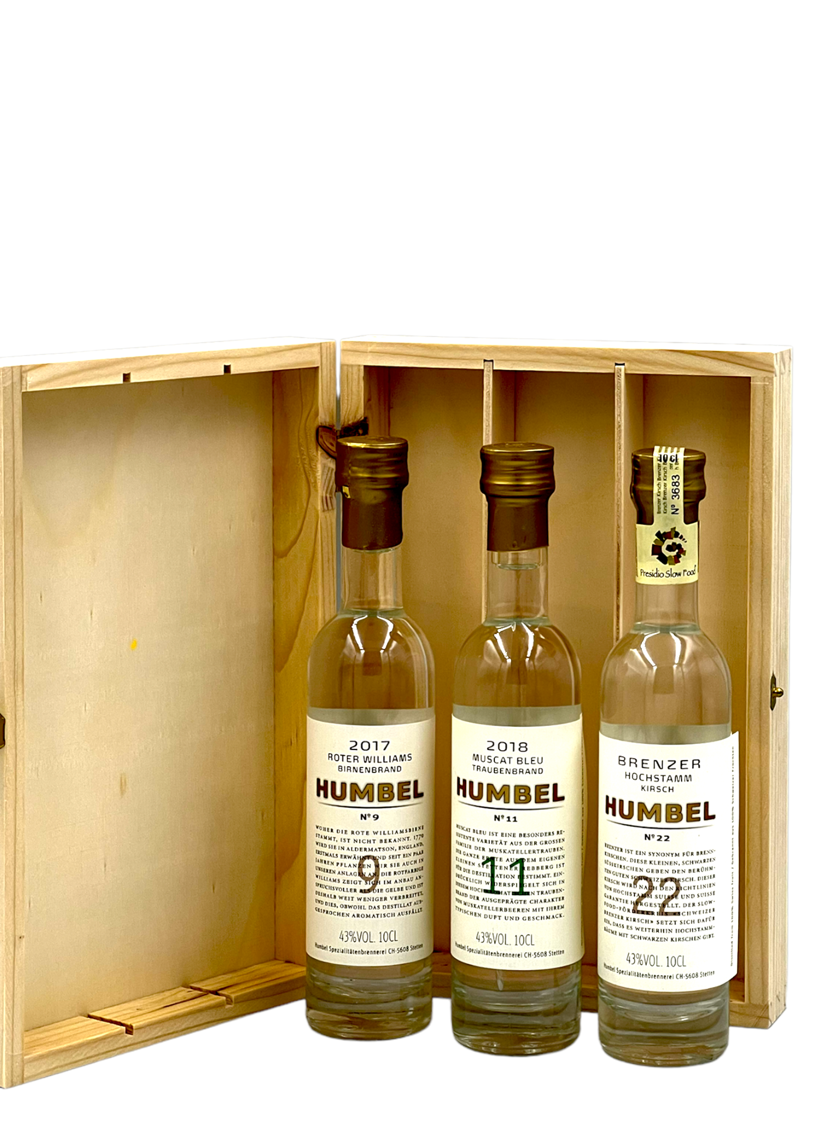 Humbel schnaps box ( Brenzer hochstamm kirsh, Moscat Bleu traubenbrand 2018, Roter williams birnenbrand 2017), 40%Vol.3x10cl - Humbel Distillery