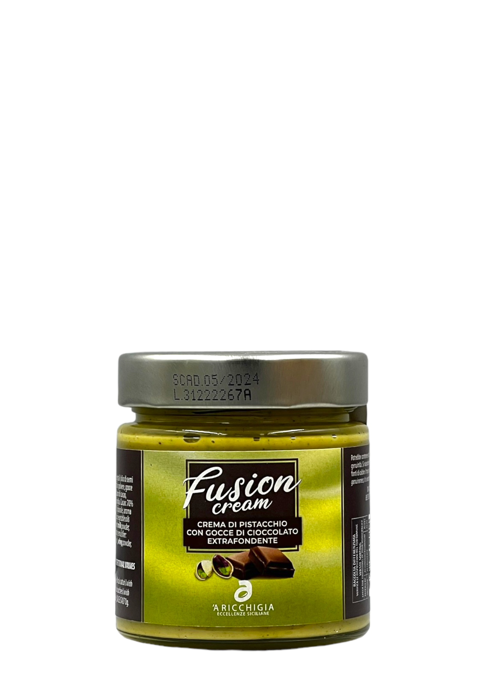 Fusion Crema di pistacchio di Bronte con gocce di cioccolato extrafondente 190g - A'Ricchigia