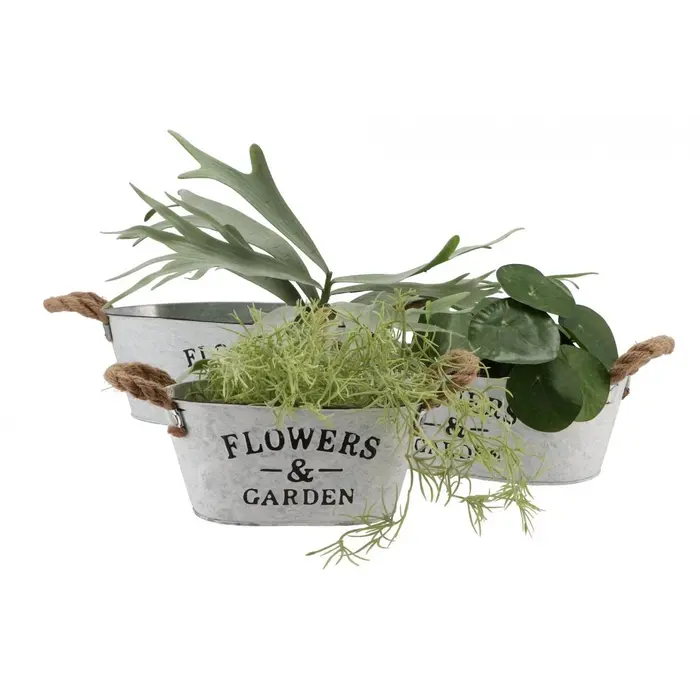 Zinken bloempot ovaal met touw 21x13x10cm Zinken bloempot ovaal met touw 21x13x10cm