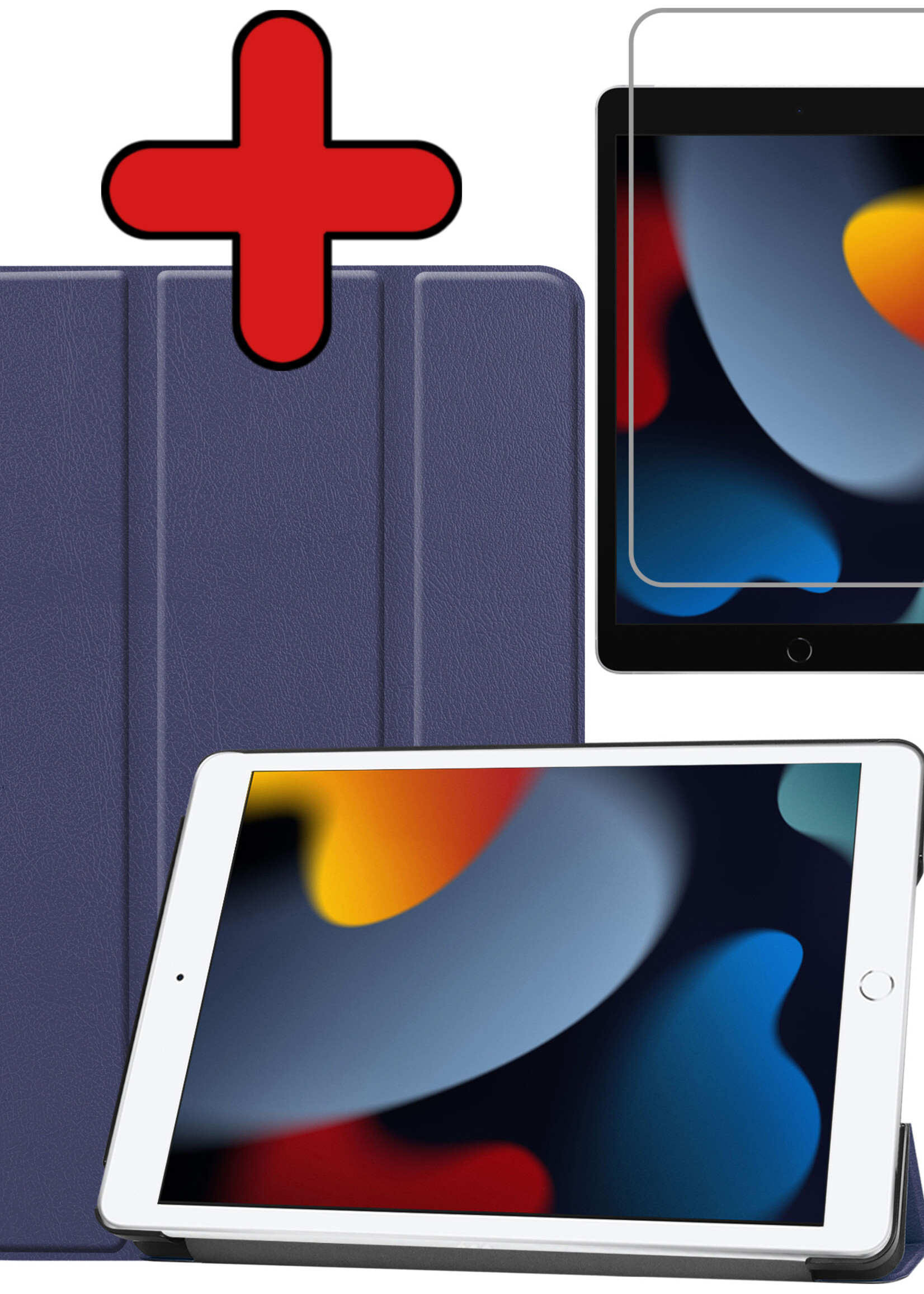 BTH Hoes Geschikt voor iPad 10.2 2021 Hoes Book Case Hoesje Trifold Cover Met Screenprotector - Hoesje Geschikt voor iPad 9 Hoesje Bookcase - Donkerblauw