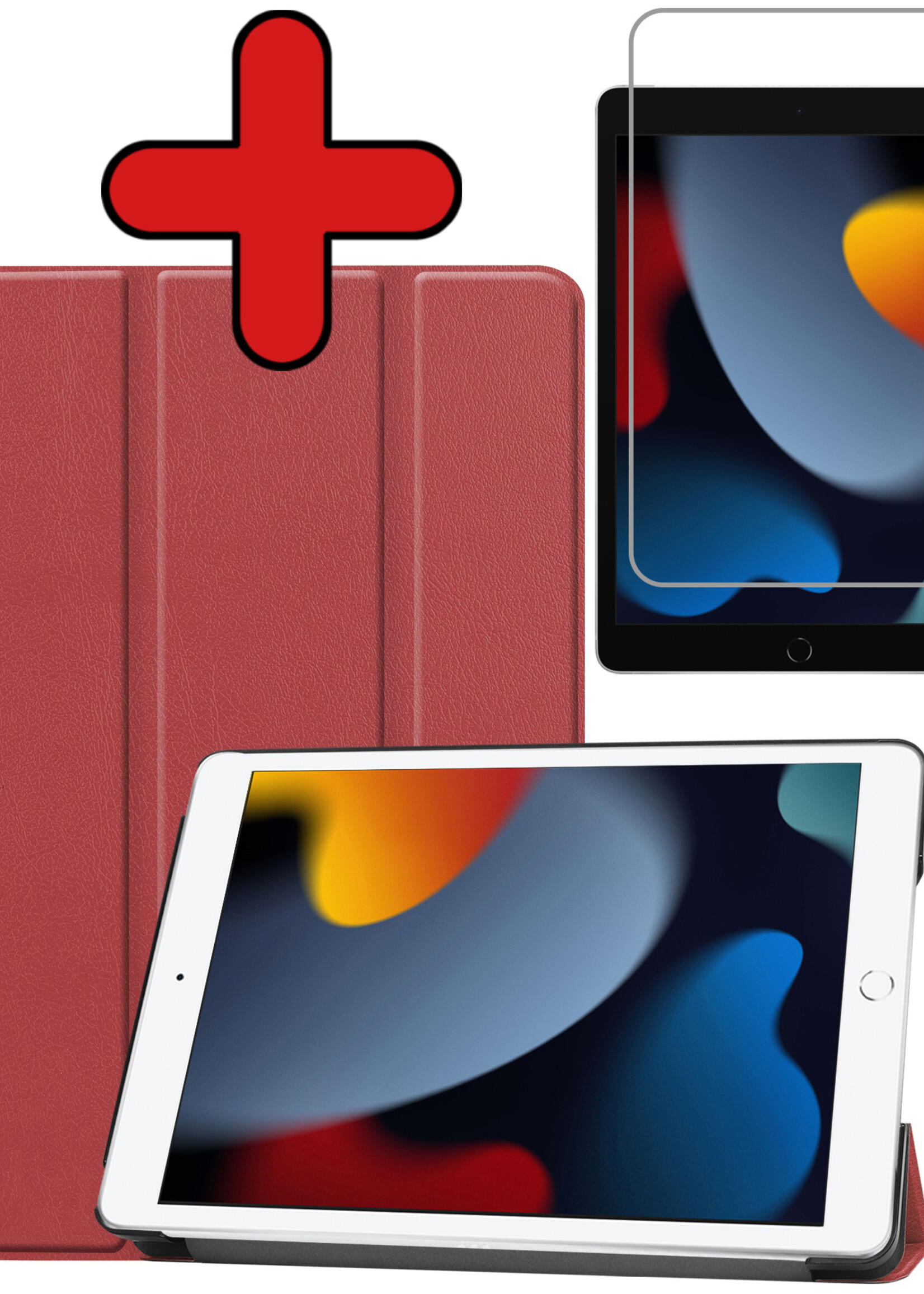 BTH Hoes Geschikt voor iPad 10.2 2021 Hoes Book Case Hoesje Trifold Cover Met Screenprotector - Hoesje Geschikt voor iPad 9 Hoesje Bookcase - Donkerrood