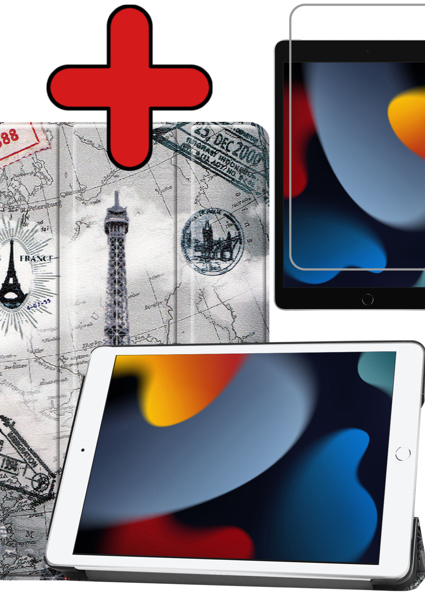 BTH Hoes Geschikt voor iPad 10.2 2021 Hoes Book Case Hoesje Trifold Cover Met Screenprotector - Hoesje Geschikt voor iPad 9 Hoesje Bookcase - Eiffeltoren