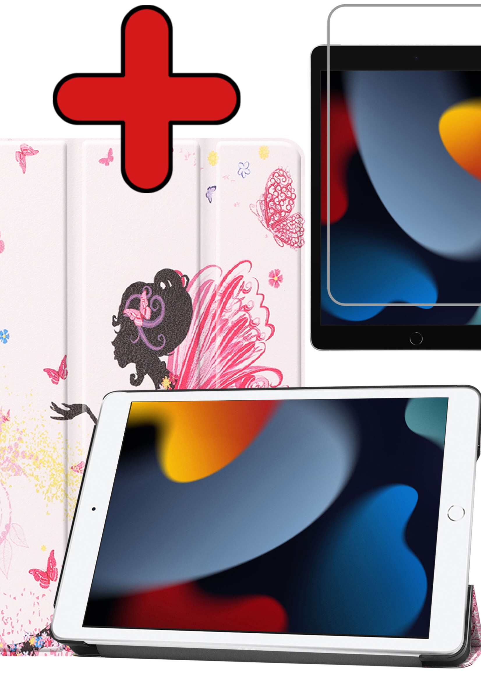 BTH Hoes Geschikt voor iPad 10.2 2021 Hoes Book Case Hoesje Trifold Cover Met Screenprotector - Hoesje Geschikt voor iPad 9 Hoesje Bookcase - Elfje