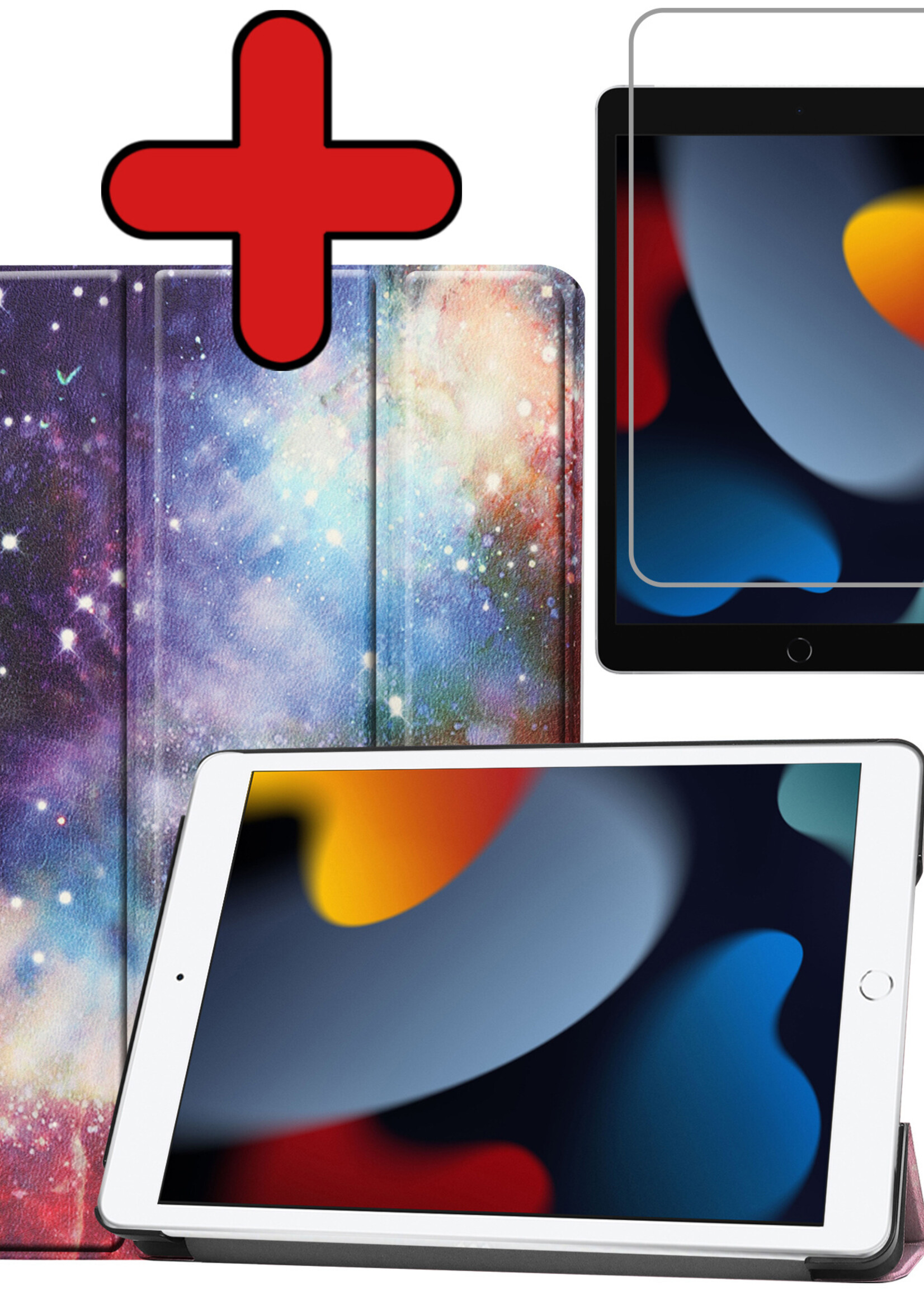 BTH Hoes Geschikt voor iPad 10.2 2021 Hoes Book Case Hoesje Trifold Cover Met Screenprotector - Hoesje Geschikt voor iPad 9 Hoesje Bookcase - Galaxy