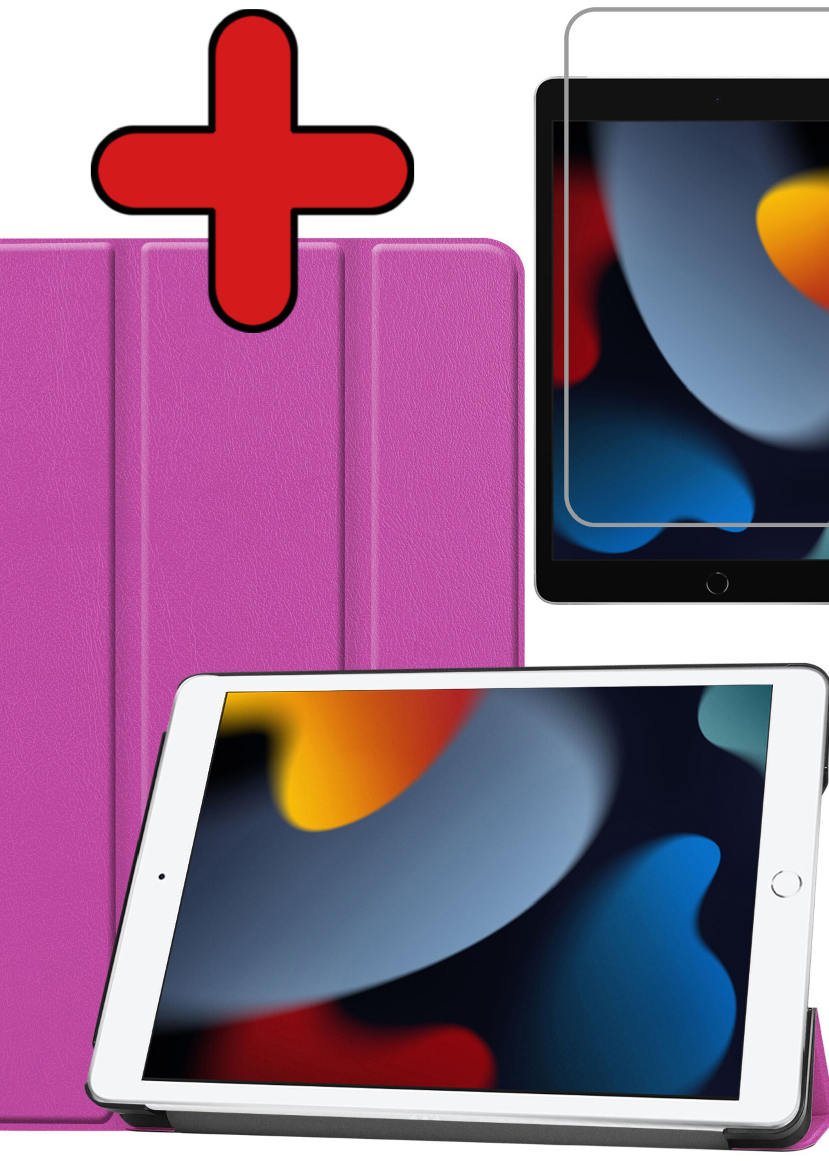BTH Hoes Geschikt voor iPad 10.2 2021 Hoes Book Case Hoesje Trifold Cover Met Screenprotector - Hoesje Geschikt voor iPad 9 Hoesje Bookcase - Paars
