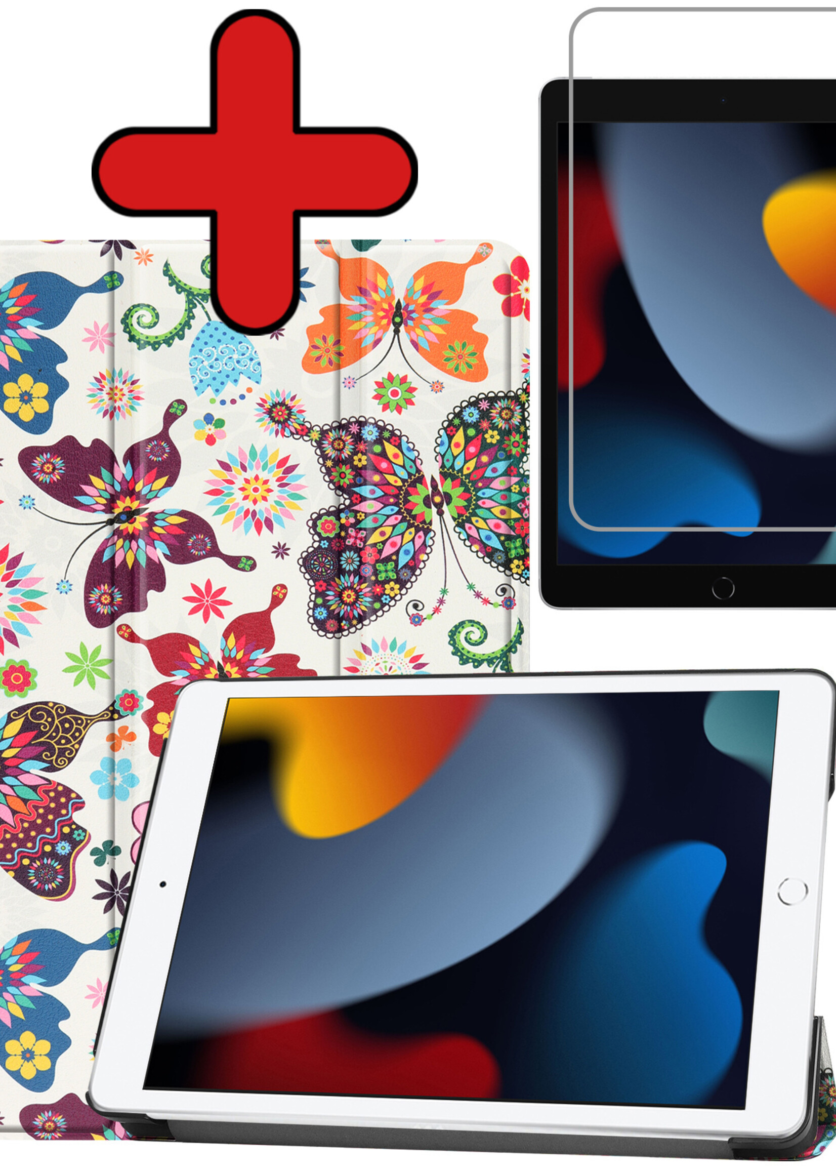 BTH Hoes Geschikt voor iPad 10.2 2021 Hoes Book Case Hoesje Trifold Cover Met Screenprotector - Hoesje Geschikt voor iPad 9 Hoesje Bookcase - Vlinders