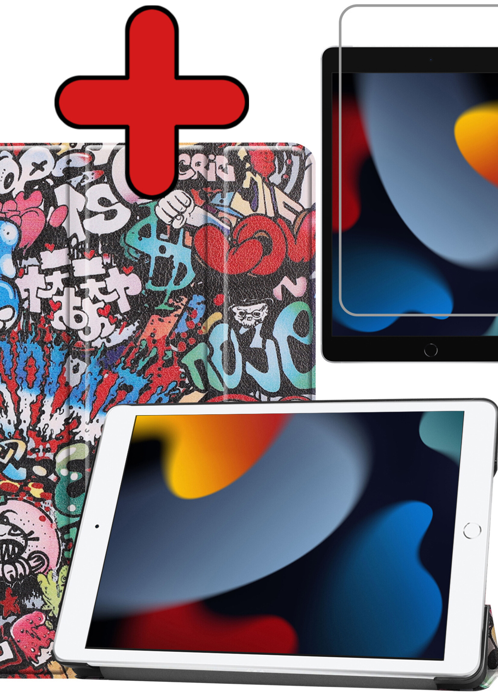 BTH Hoes Geschikt voor iPad 10.2 2021 Hoes Book Case Hoesje Trifold Cover Met Screenprotector - Hoesje Geschikt voor iPad 9 Hoesje Bookcase - Graffity