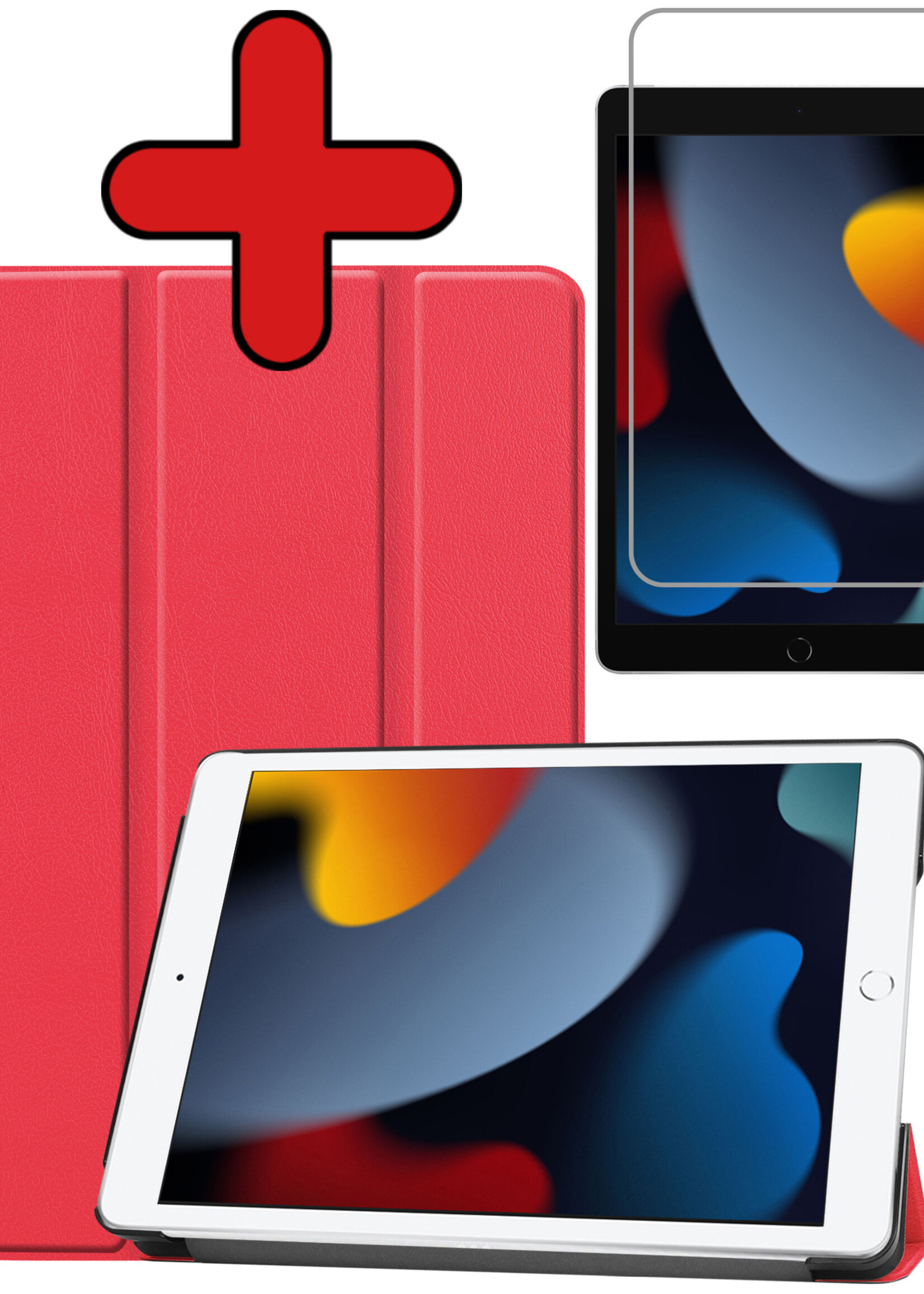 BTH Hoes Geschikt voor iPad 10.2 2021 Hoes Book Case Hoesje Trifold Cover Met Screenprotector - Hoesje Geschikt voor iPad 9 Hoesje Bookcase - Rood