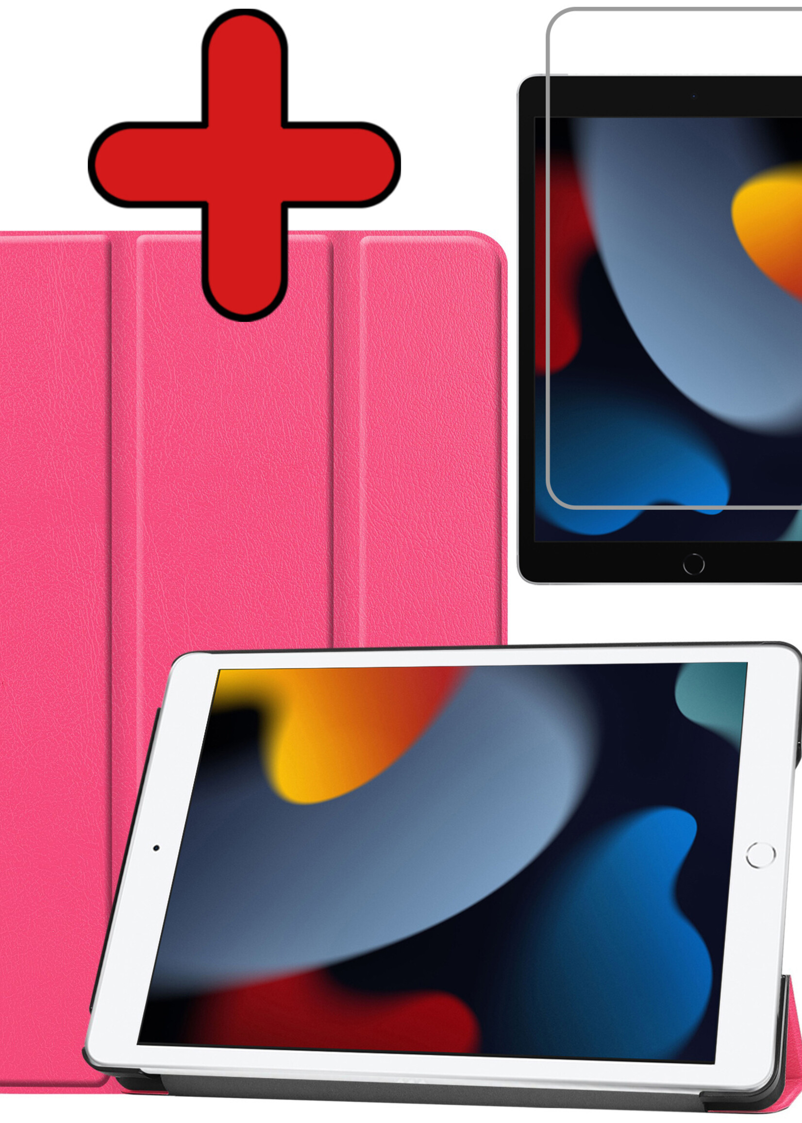 BTH Hoes Geschikt voor iPad 10.2 2021 Hoes Book Case Hoesje Trifold Cover Met Screenprotector - Hoesje Geschikt voor iPad 9 Hoesje Bookcase - Roze