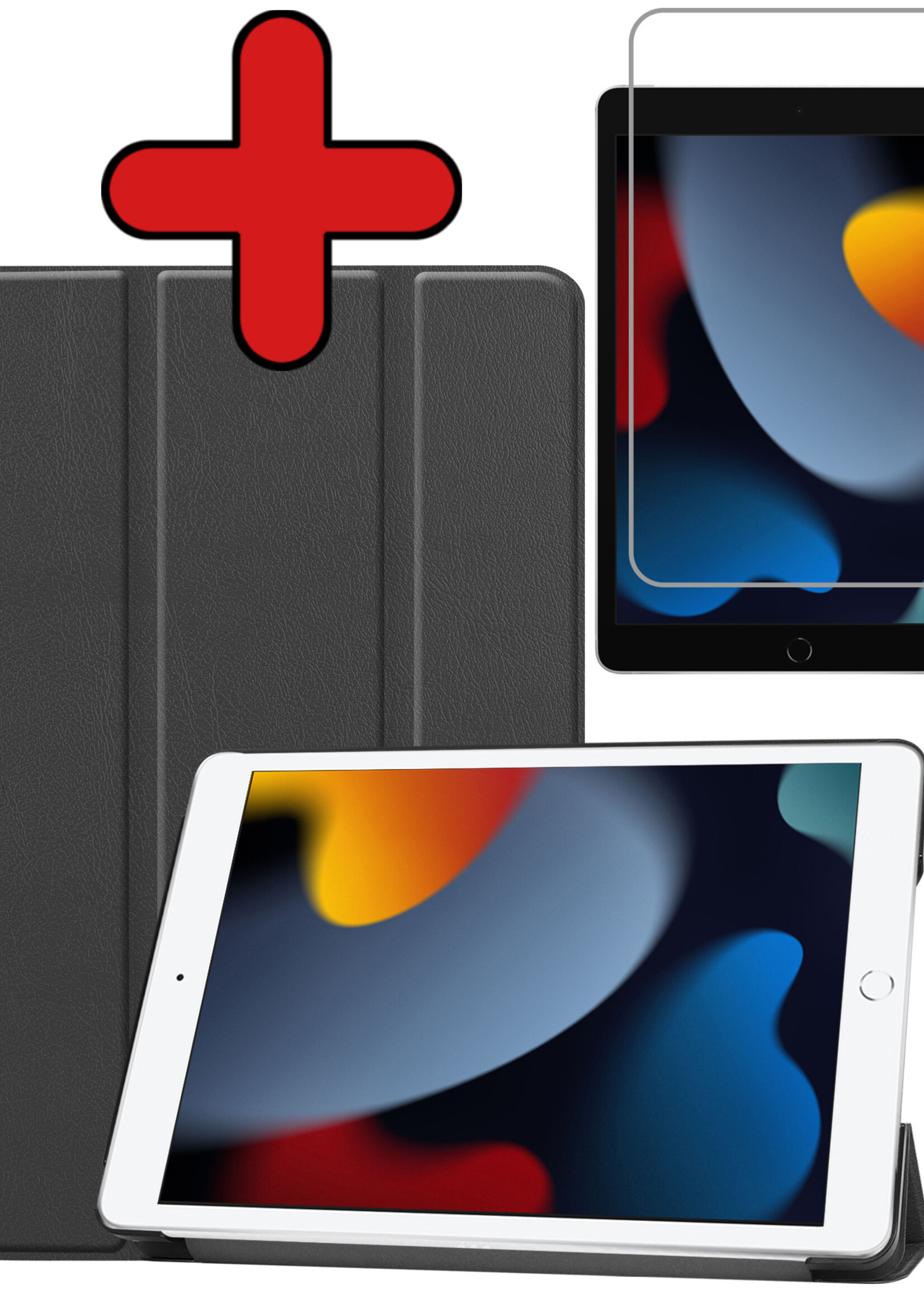 BTH Hoes Geschikt voor iPad 10.2 2021 Hoes Book Case Hoesje Trifold Cover Met Screenprotector - Hoesje Geschikt voor iPad 9 Hoesje Bookcase - Zwart