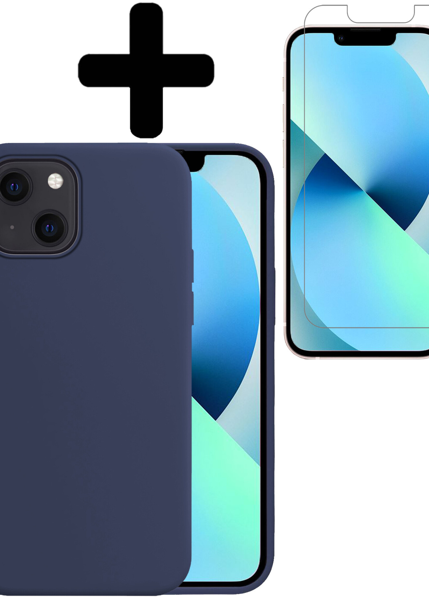 BTH Hoesje Geschikt voor iPhone 13 Hoesje Siliconen Case Hoes Met Screenprotector - Hoes Geschikt voor iPhone 13 Hoes Cover Case - Donkerblauw
