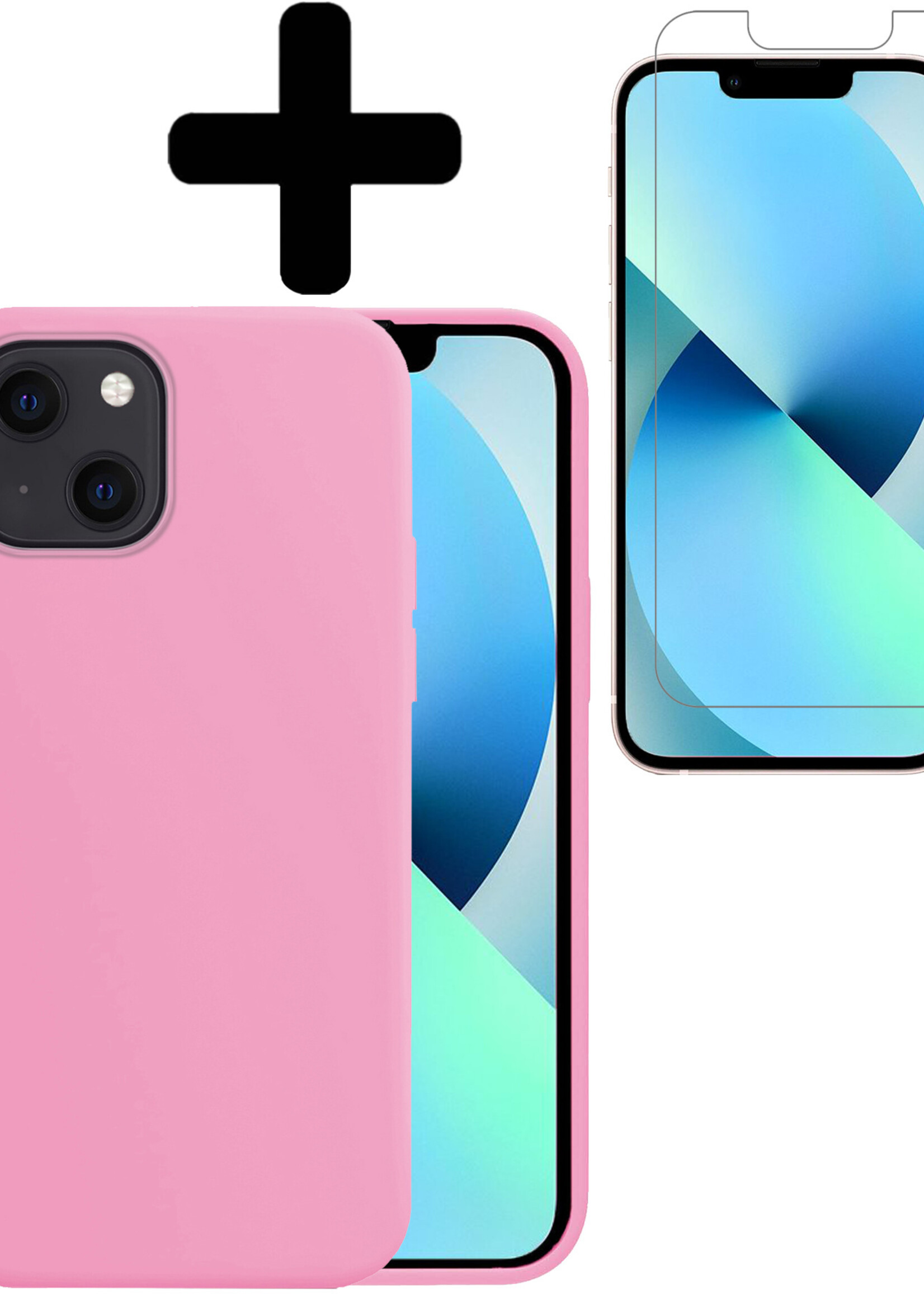 BTH Hoesje Geschikt voor iPhone 13 Hoesje Siliconen Case Hoes Met Screenprotector - Hoes Geschikt voor iPhone 13 Hoes Cover Case - Lichtroze